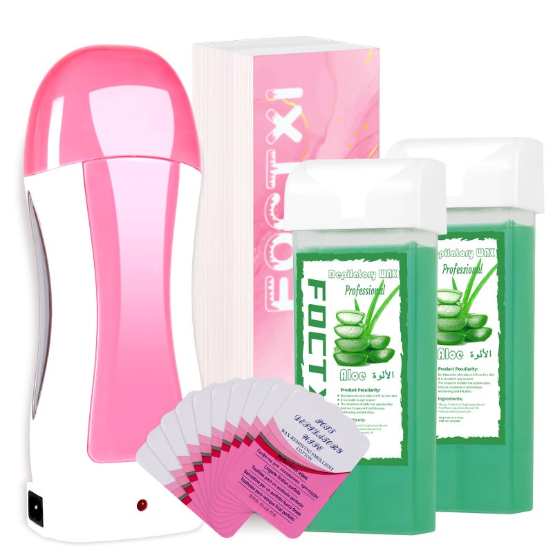 FOCTXI Roll On Wax kit, Wax Roller Kit for Hair Removal, Waxing Kit for Women All Skin Types with ï¼·ax Warmer, 2 Aloe Vera ï¼·ax Cartridge, 100 Non-Woven ï¼·ax Strips & 10 Wipes - Image 1