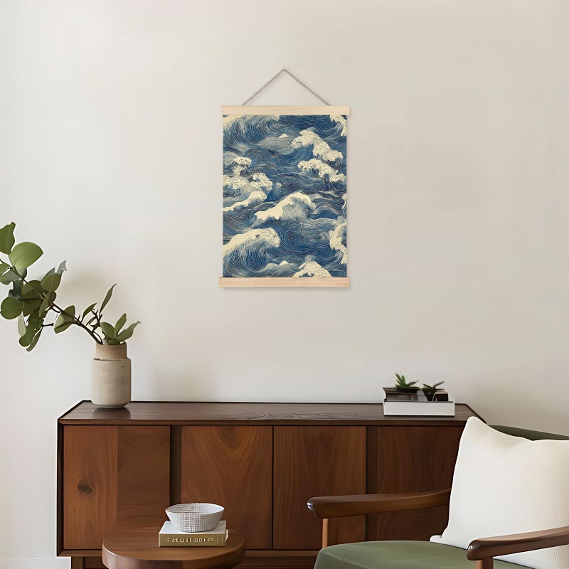 Nipil Blue and White Wave Japandi Poster Hanger Frame, Japanese Room Decor, Abstract Japanese Wabi Sabi Ocean Waves Coastal Beach Hanging Canvas Framed Wall Art Decor for Home, 12x16 Inch - Image 5