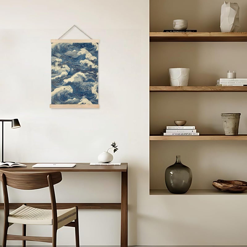 Nipil Blue and White Wave Japandi Poster Hanger Frame, Japanese Room Decor, Abstract Japanese Wabi Sabi Ocean Waves Coastal Beach Hanging Canvas Framed Wall Art Decor for Home, 12x16 Inch - Image 4