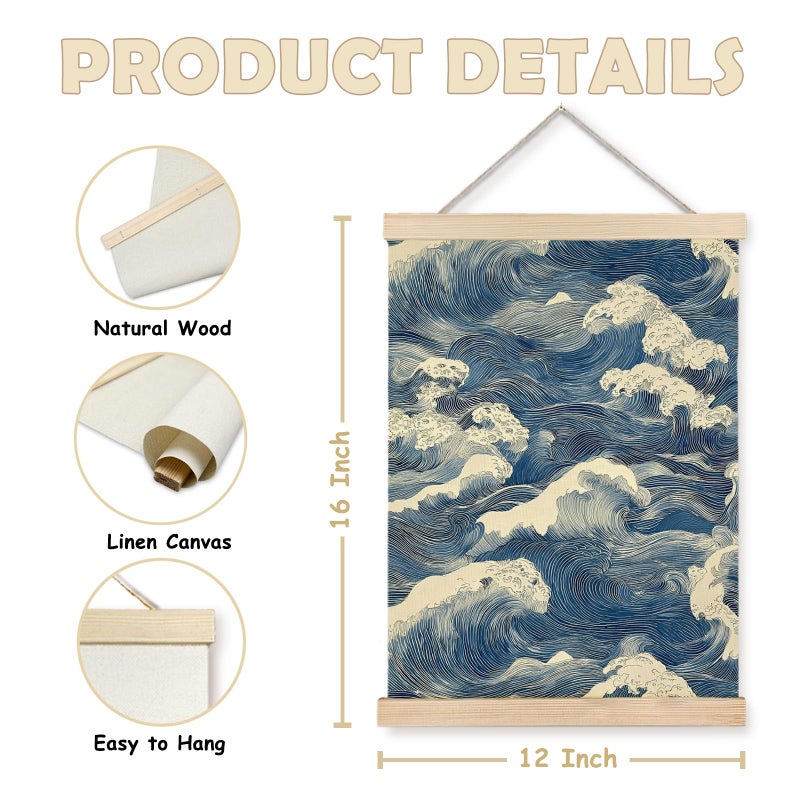 Nipil Blue and White Wave Japandi Poster Hanger Frame, Japanese Room Decor, Abstract Japanese Wabi Sabi Ocean Waves Coastal Beach Hanging Canvas Framed Wall Art Decor for Home, 12x16 Inch - Image 2