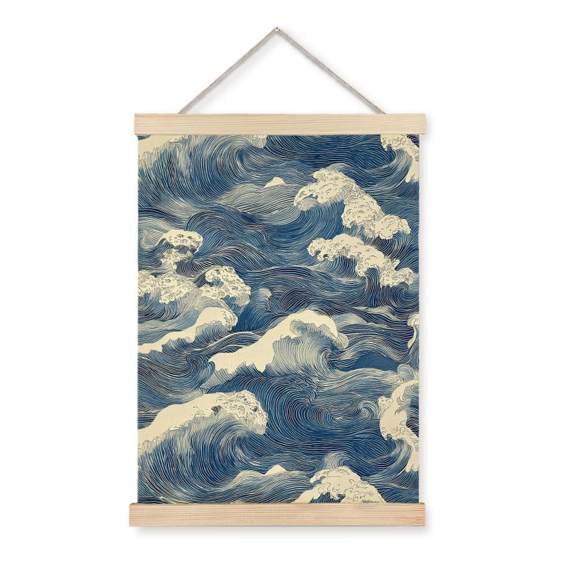 Nipil Blue and White Wave Japandi Poster Hanger Frame, Japanese Room Decor, Abstract Japanese Wabi Sabi Ocean Waves Coastal Beach Hanging Canvas Framed Wall Art Decor for Home, 12x16 Inch - Image 1