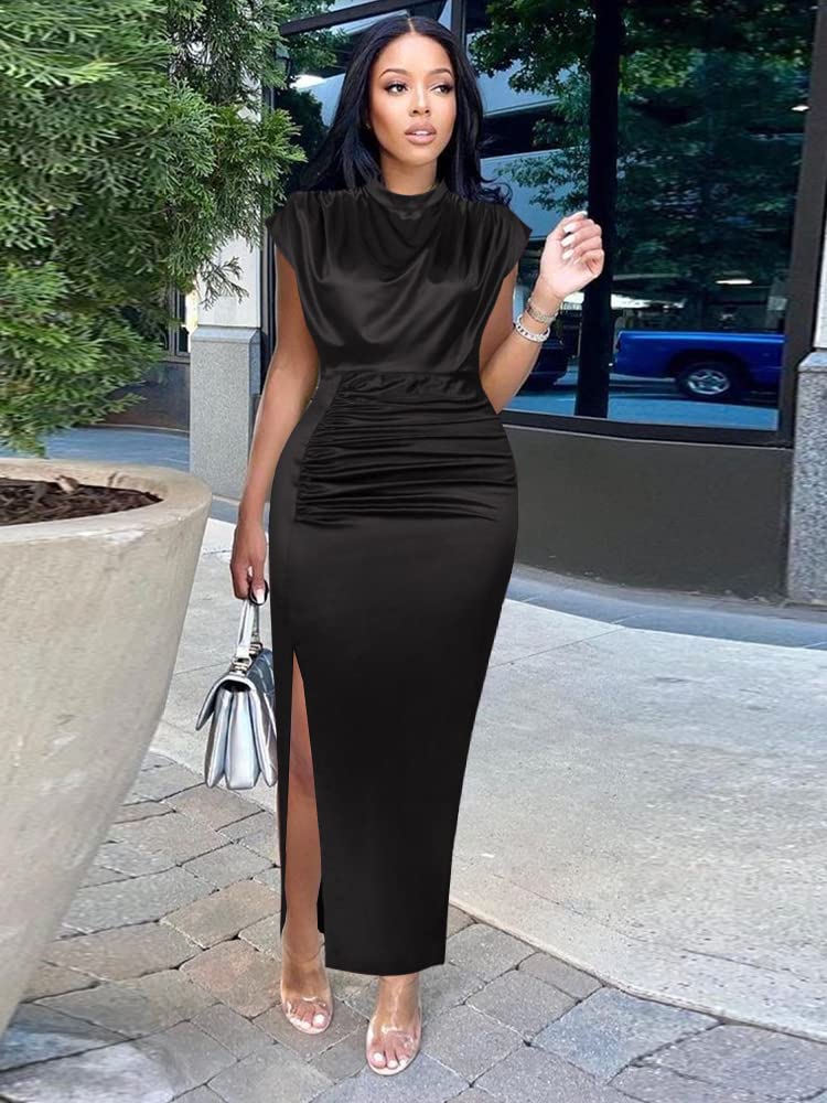 AOMEI Women's Sleeveless Pleated High Waist Ruched Slit Slim Elegant Long Satin Dress (Black,L) - Image 2