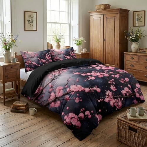 CCoutueChen Japanese Cherry Blossoms Comforter Set King Size, Pink Black Farmhouse Country Bedding Set for Adult Women, 3Pcs Soft Microfiber Quilted Set with 2 Pillowcases, 104"x90" - Image 2