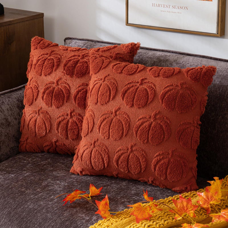 COSIBONO Pumpkin Fall Decorative Throw Pillow Covers 18x18 Set of 2 Caramel Soft Faux Fur Pillow Covers for Autumn Harvest Fluffy Plush Accent Pillow Cases for Farmhouse Halloween Decor