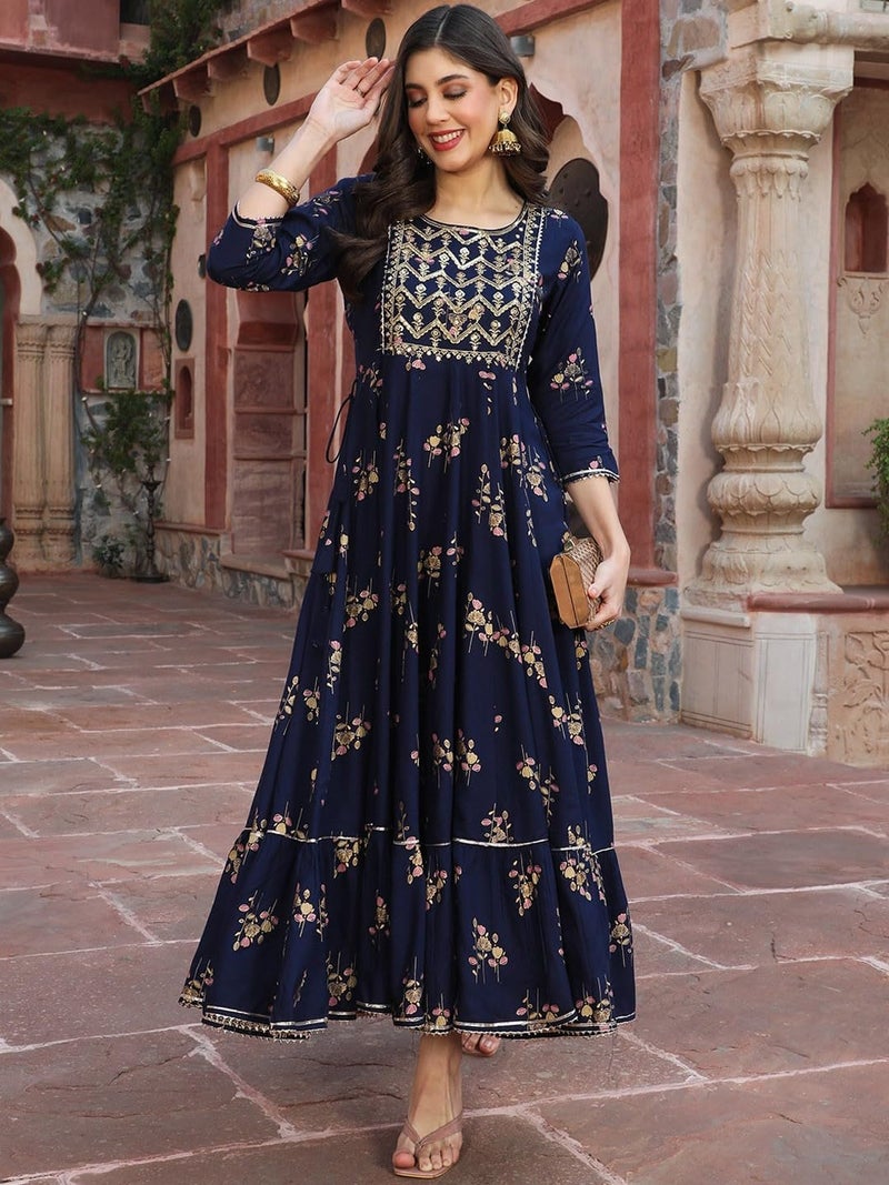 LAVANDIS Women's Anarkali Long Gown Kurti with Gold Print & Embroidery - Ethnic Flared Dress for Girls Casual Wear - Image 4