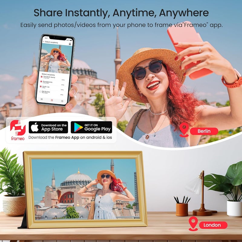 Digital Picture Frame, 15.6-inch Display, 64GB Storage, Frameo App Compatible, Gold - Image 3