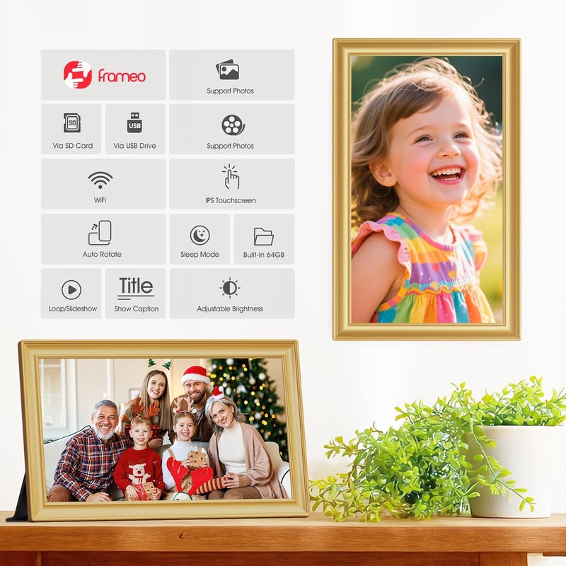 Digital Picture Frame, 15.6-inch Display, 64GB Storage, Frameo App Compatible, Gold - Image 2