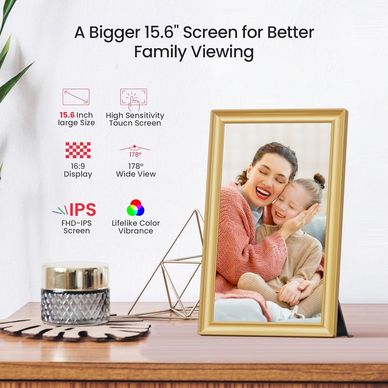 Digital Picture Frame, 15.6-inch Display, 64GB Storage, Frameo App Compatible, Gold - Image 4
