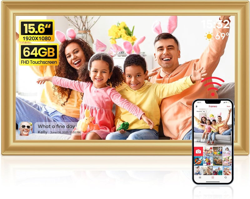 Digital Picture Frame, 15.6-inch Display, 64GB Storage, Frameo App Compatible, Gold - Image 1