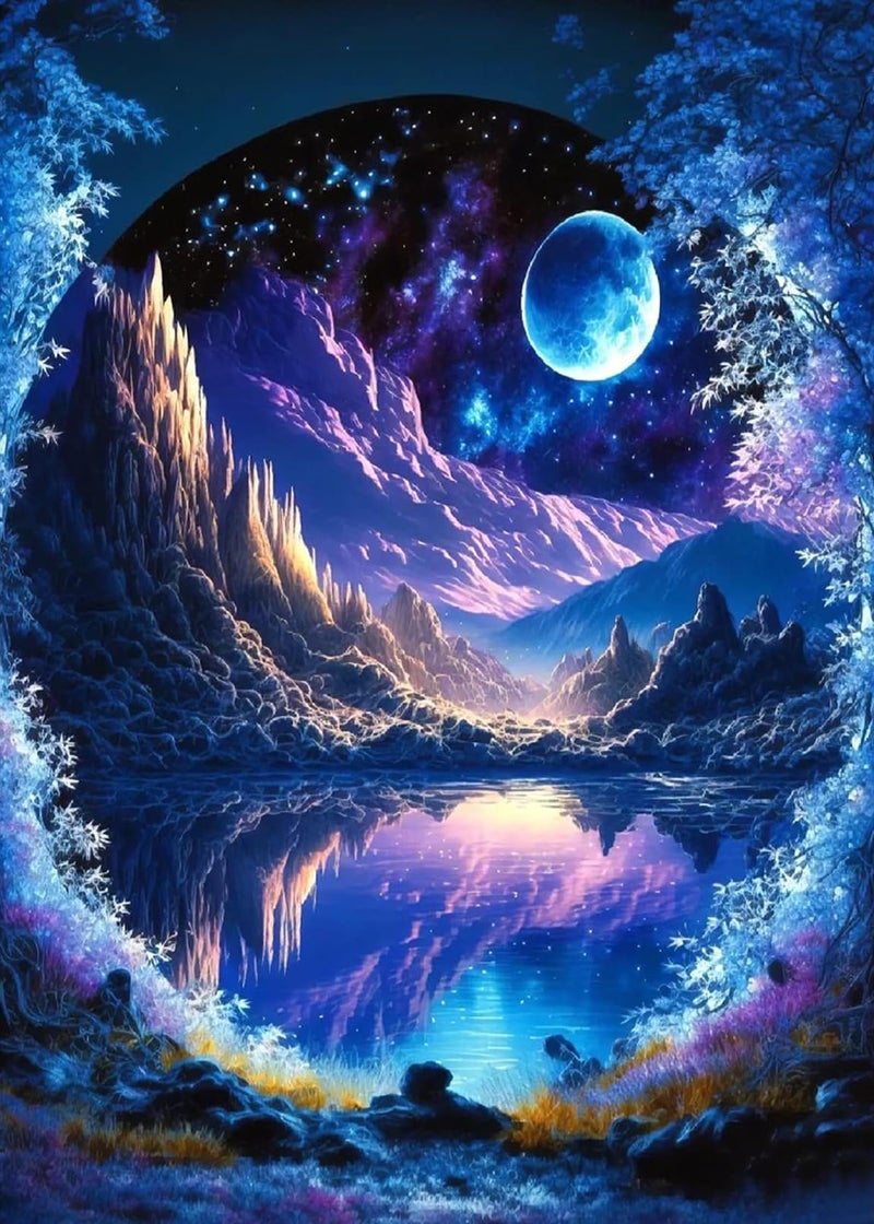KINPLUB 5D Diamond Painting Kits for Adults, Blue Moon Landscape Diamond Art Kits for Beginners, DIY Full Round Drill Dream Night Paint with Diamond Pictures Gem Art, Home Wall Decor 12 x 16 Inch - Image 1