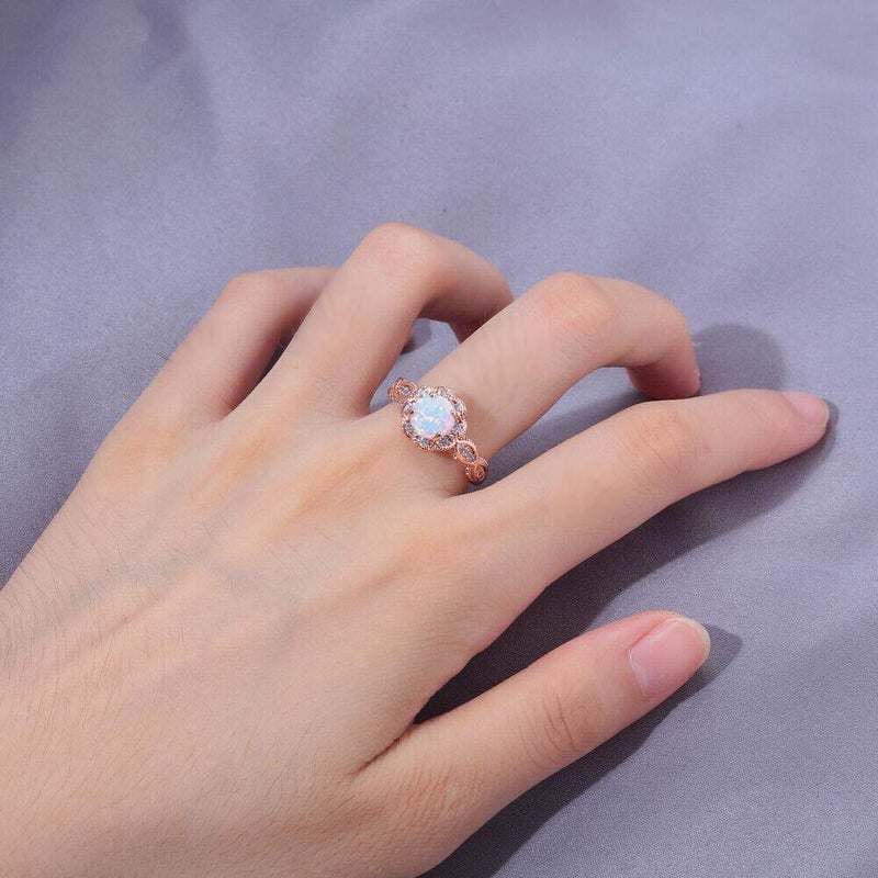 CiNily Opal Rings for Women-18K Rose Gold Plated White Fire Opal Zirconia Women Jewelry Gemstone Engagement Anniversary Ring Size 8 - Image 3