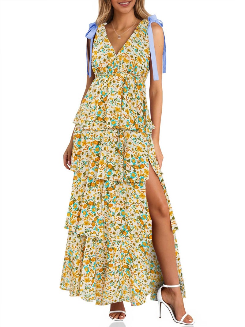 Wenrine Womens Summer Floral Maxi Dress Tie Strap Sleeveless V Neck High Slit Boho Ruffle Tiered Beach Dresses Yellow - Image 1