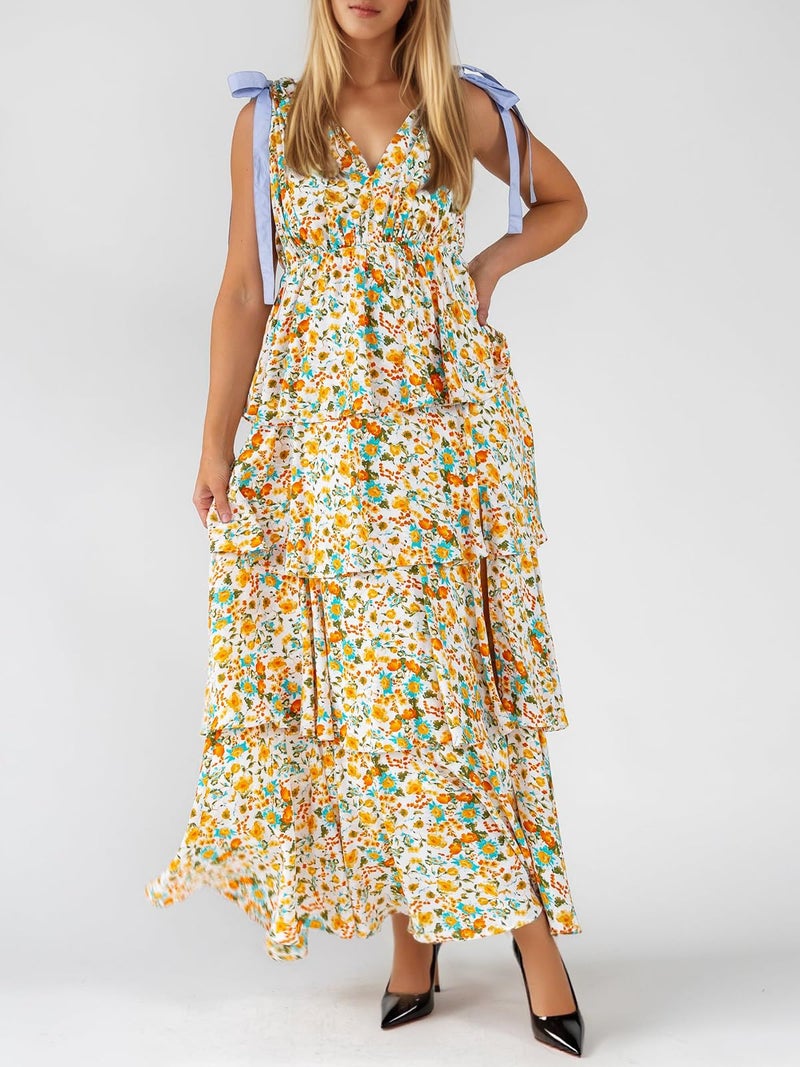 Wenrine Womens Summer Floral Maxi Dress Tie Strap Sleeveless V Neck High Slit Boho Ruffle Tiered Beach Dresses Yellow - Image 2