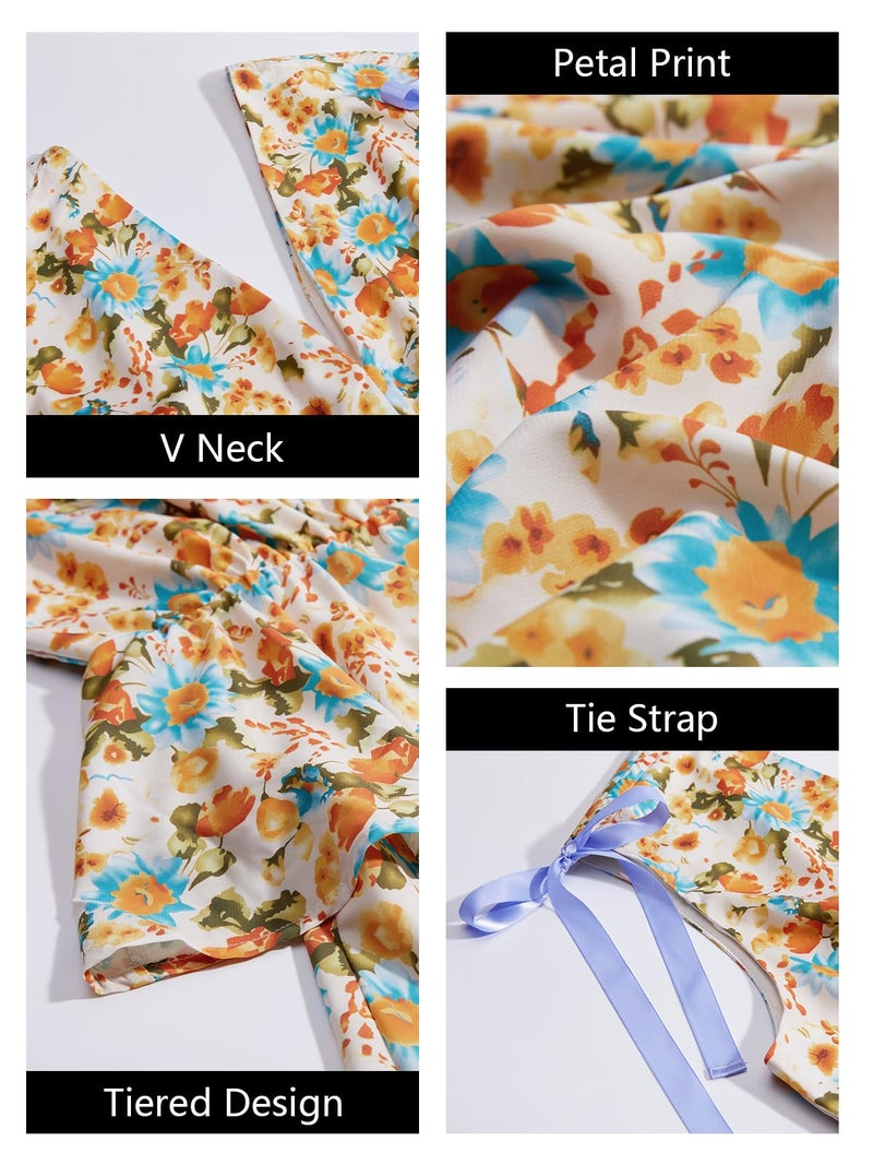 Wenrine Womens Summer Floral Maxi Dress Tie Strap Sleeveless V Neck High Slit Boho Ruffle Tiered Beach Dresses Yellow - Image 5