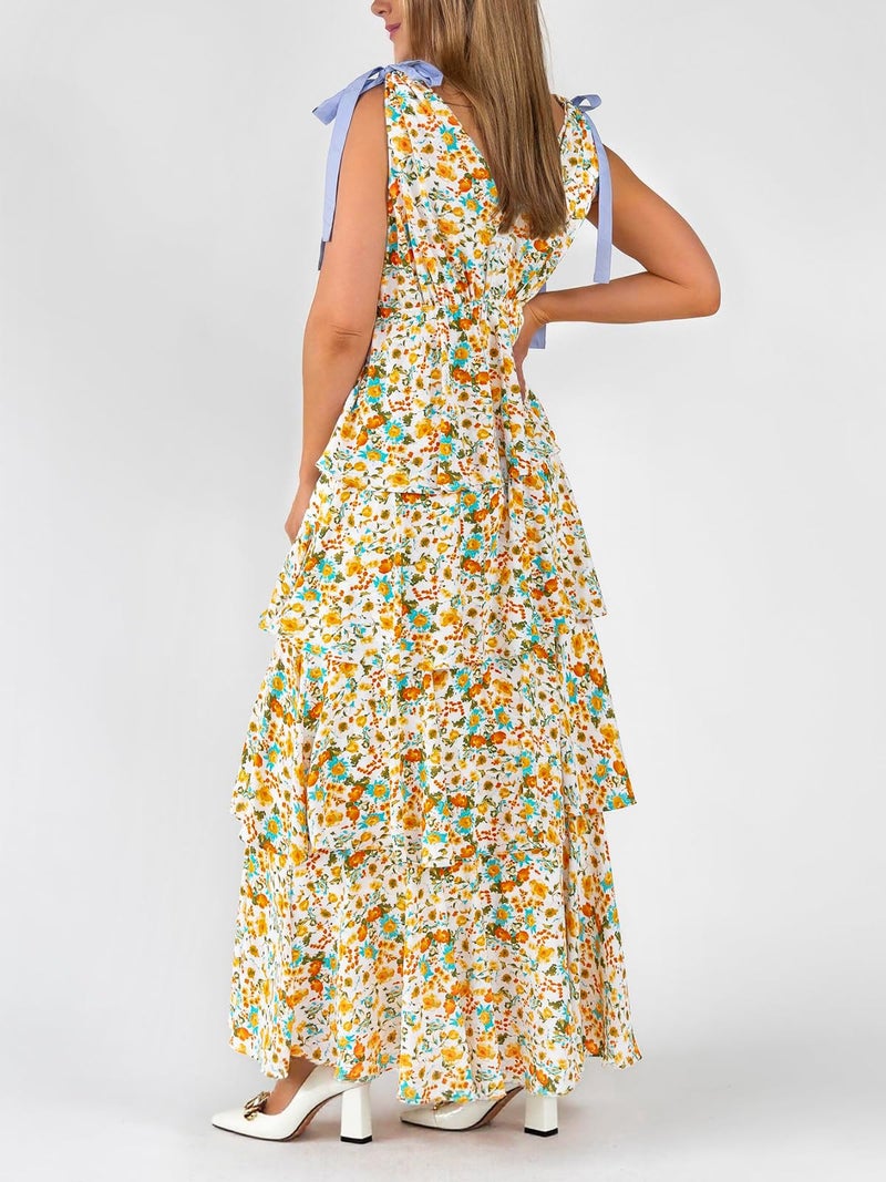 Wenrine Womens Summer Floral Maxi Dress Tie Strap Sleeveless V Neck High Slit Boho Ruffle Tiered Beach Dresses Yellow - Image 4