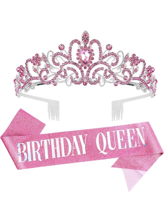 Velscrun Birthday Tiara for Women, Tiara for Women Pink Rhinestone, Happy Birthday Queen Tiara for Women, Crown for Girls Tiaras Birthday Queen Crowns with Birthday Girl Sash - Image 1