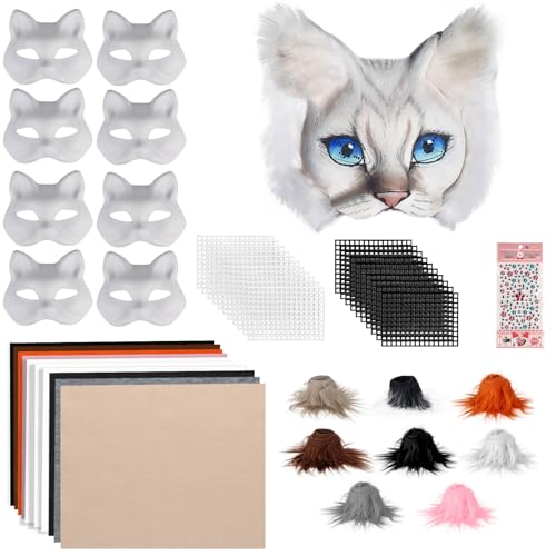 Giftota 47 Pcs DIY Therian Mask Kit for Boys Girls 8 Blank Cat Mask with Super Soft Felt Fabric Sheet Plush Faux Fur Eye Mesh Gem Sticker DIY Fox Masks for Christmas Masquerade Cosplay Party - Image 1