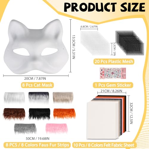 Giftota 47 Pcs DIY Therian Mask Kit for Boys Girls 8 Blank Cat Mask with Super Soft Felt Fabric Sheet Plush Faux Fur Eye Mesh Gem Sticker DIY Fox Masks for Christmas Masquerade Cosplay Party - Image 5