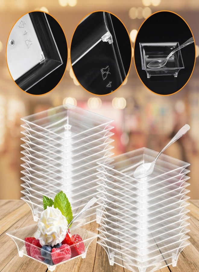 GothaBach 100 Sets 2.4'' Mini Dessert Plates With Tasting Spoons, Clear Disposable Plastic Tray, Square Dish for Sauce, Dessert, Fruit or Appetizer - Image 3