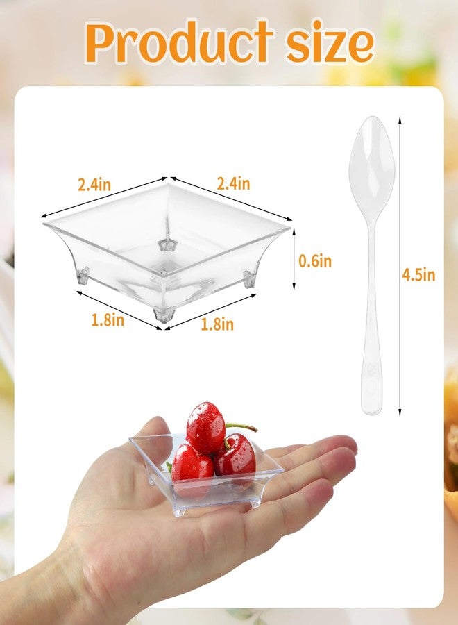 GothaBach 100 Sets 2.4'' Mini Dessert Plates With Tasting Spoons, Clear Disposable Plastic Tray, Square Dish for Sauce, Dessert, Fruit or Appetizer - Image 2