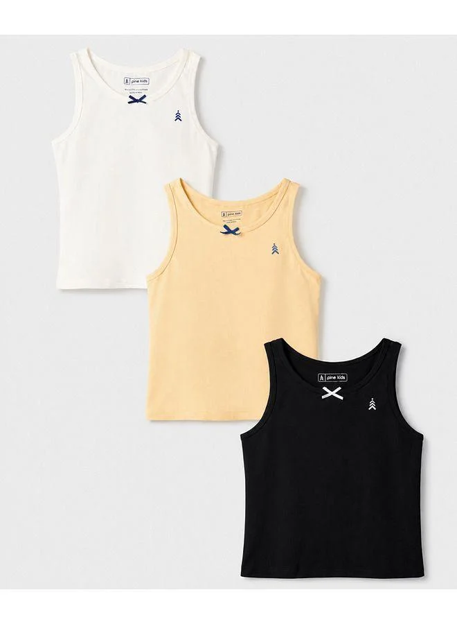 Pine Kids Pine Kids Cotton Lycra Knit Sleeveless Solid Vests Pack of 3 - Black/White/Yellow
