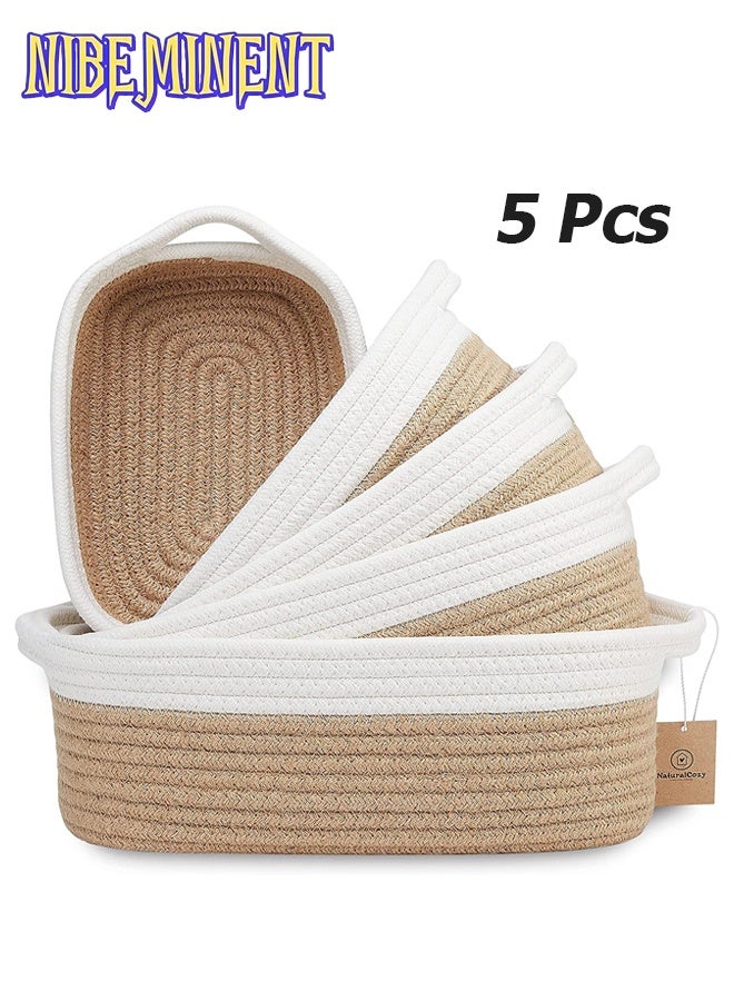NIBEMINENT مجموعة سلال تخزين مستطيلة مكونة من 5 قطع - سلال مصنوعة من حبل القطن الطبيعي للتنظيم! سلة صغيرة لمونتيسوري، حضانة الأطفال، سلال ألعاب الكلاب، صندوق ألعاب القطط، حاوية تنظيم الحمام - Image 1