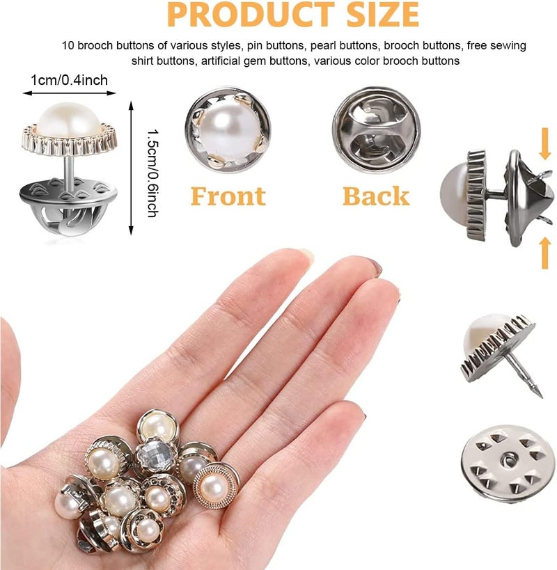 HANNEA® 10 Pcs Pearl Buttons for Clothes, Instant Shirt Brooch Buttons for Women, Rhinestones Cover Up Hijab Saree Pins Brooch for Dress Bags DIY Crafts Decor - Image 2