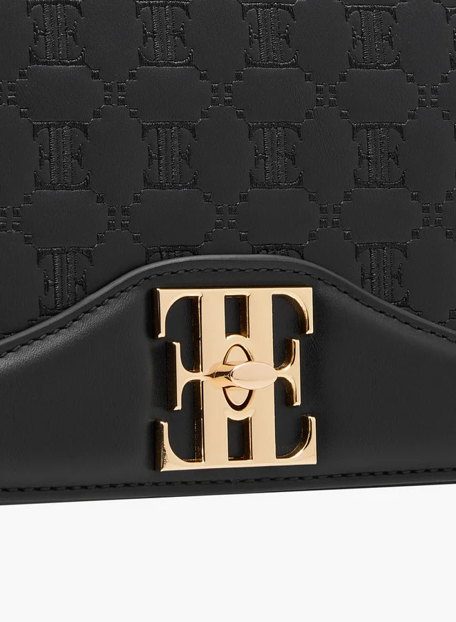 ELLE Women's Monogram Embroidered Crossbody Bag with Chain Strap and Flap Closure