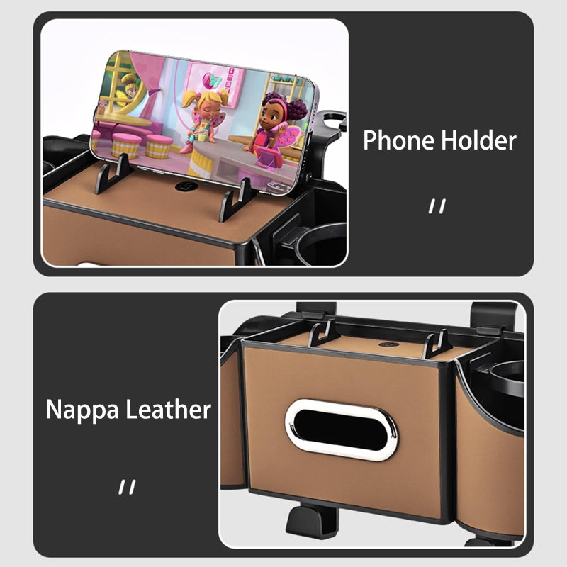 Joezhe Back Seat Car Organizer,4 in 1 Multifunctional Car Back Seat Storage Box with Drink Cup Holder Tissue Box, for Hold Phone,Snacks, Drinks, Handbag-Light Brown - Image 5