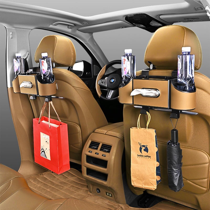 Joezhe Back Seat Car Organizer,4 in 1 Multifunctional Car Back Seat Storage Box with Drink Cup Holder Tissue Box, for Hold Phone,Snacks, Drinks, Handbag-Light Brown - Image 4