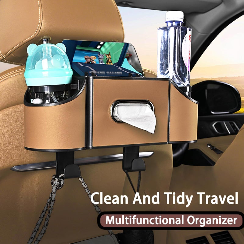 Joezhe Back Seat Car Organizer,4 in 1 Multifunctional Car Back Seat Storage Box with Drink Cup Holder Tissue Box, for Hold Phone,Snacks, Drinks, Handbag-Light Brown - Image 2