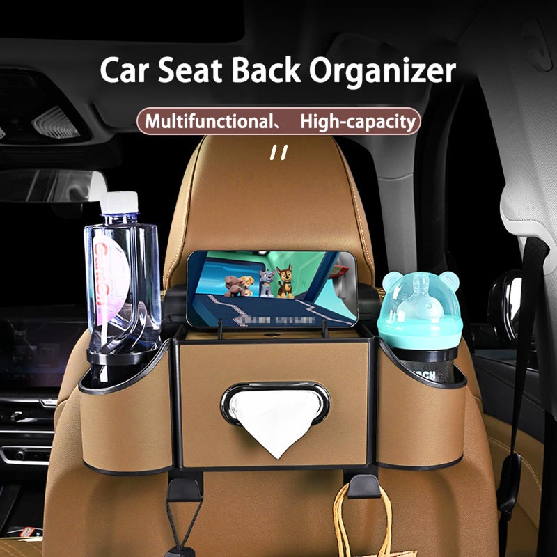 Joezhe Back Seat Car Organizer,4 in 1 Multifunctional Car Back Seat Storage Box with Drink Cup Holder Tissue Box, for Hold Phone,Snacks, Drinks, Handbag-Light Brown - Image 3