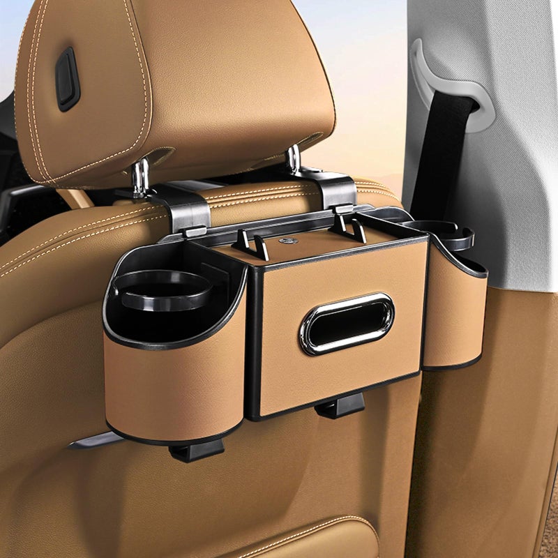 Joezhe Back Seat Car Organizer,4 in 1 Multifunctional Car Back Seat Storage Box with Drink Cup Holder Tissue Box, for Hold Phone,Snacks, Drinks, Handbag-Light Brown - Image 1