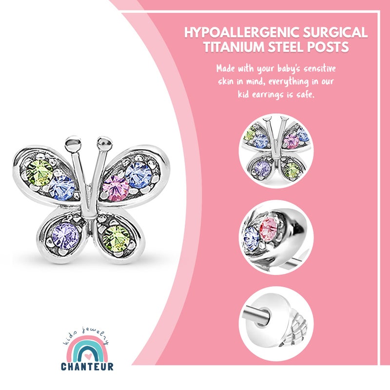 Chanteur أقراط أطفال مضادة للحساسية، أقراط فراشة مع قاعدة لولبية للفتيات، بلون الذهب الأبيض مع دعامات من التيتانيوم الجراحي، مجوهرات للأطفال، مجموعة أقراط مع كريستالات ملونة - Image 2
