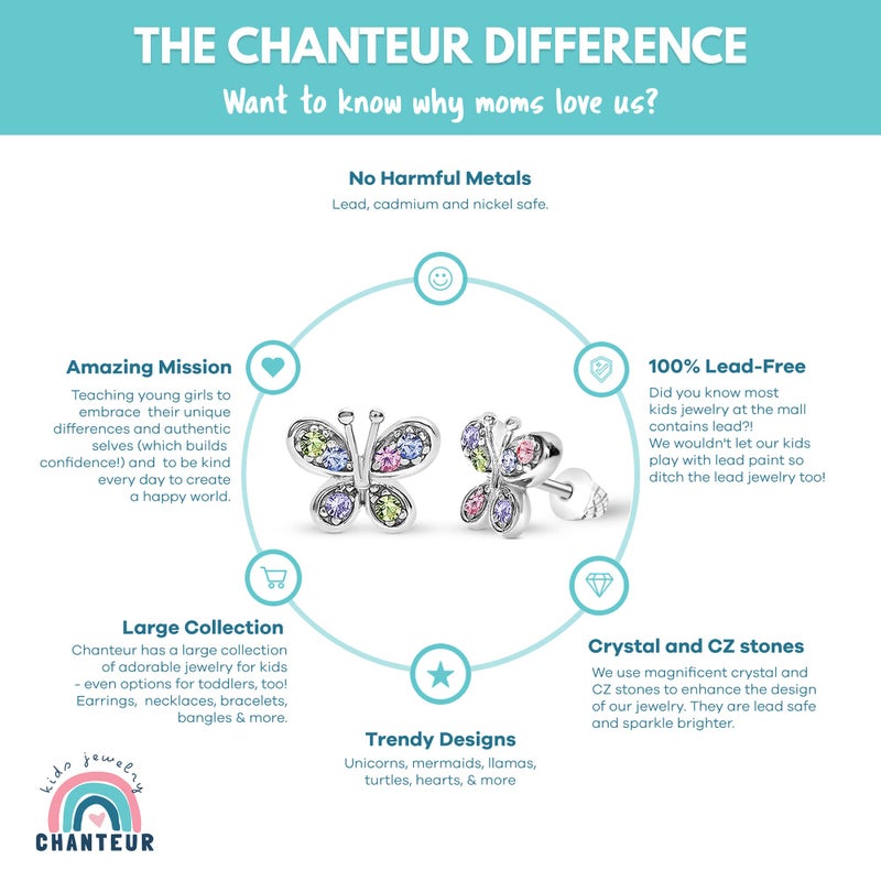 Chanteur أقراط أطفال مضادة للحساسية، أقراط فراشة مع قاعدة لولبية للفتيات، بلون الذهب الأبيض مع دعامات من التيتانيوم الجراحي، مجوهرات للأطفال، مجموعة أقراط مع كريستالات ملونة - Image 4