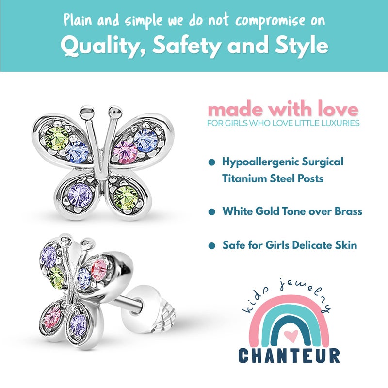 Chanteur أقراط أطفال مضادة للحساسية، أقراط فراشة مع قاعدة لولبية للفتيات، بلون الذهب الأبيض مع دعامات من التيتانيوم الجراحي، مجوهرات للأطفال، مجموعة أقراط مع كريستالات ملونة - Image 5