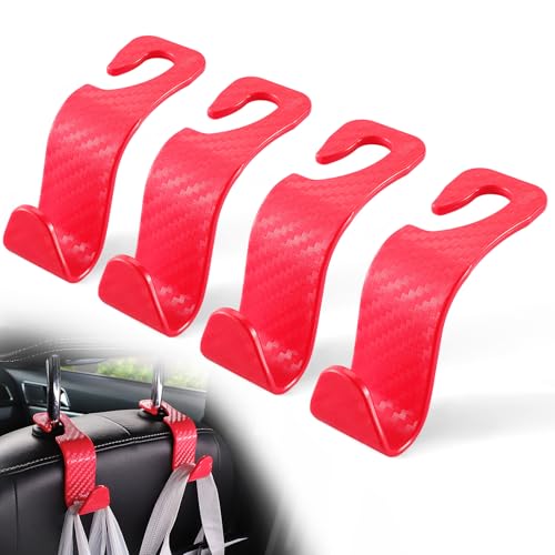 LivTee Car Purse Hook, Headrest Hook for Car, 4 Pack Universal Auto Car Seat Headrest Hook Hangers Organizer for Purse Coat Umbrellas Grocery Bags Handbag, Car Accessories - Carbon Fiber Red - Image 1