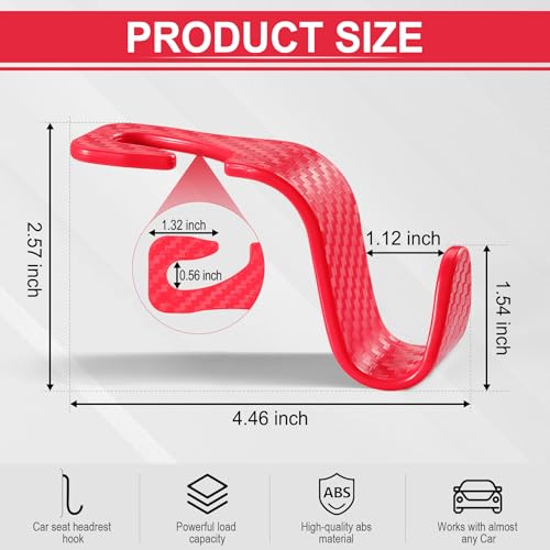 LivTee Car Purse Hook, Headrest Hook for Car, 4 Pack Universal Auto Car Seat Headrest Hook Hangers Organizer for Purse Coat Umbrellas Grocery Bags Handbag, Car Accessories - Carbon Fiber Red - Image 3