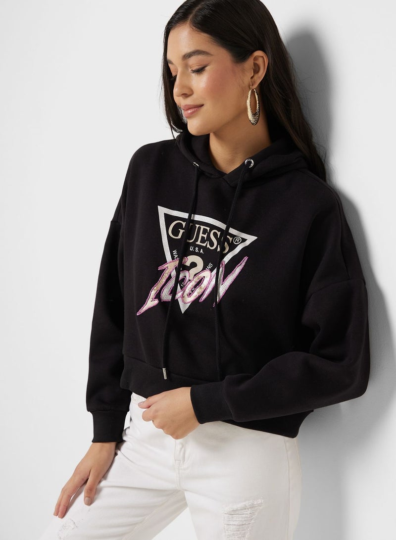 GUESS Drawstring Detail Printed Hoodie - Image 1