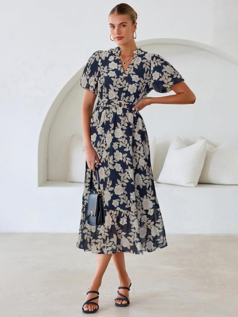 Simplee Womens Summer Boho Floral Midi Dress - Casual Beach Wedding Guest Chiffon A Line Belted Long Flowy Holiday Dresses 2026,Navy L - Image 2