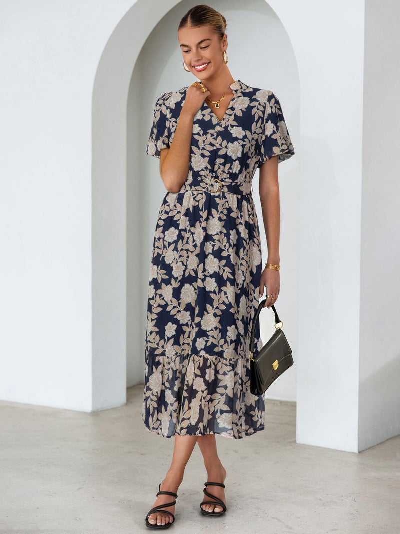 Simplee Womens Summer Boho Floral Midi Dress - Casual Beach Wedding Guest Chiffon A Line Belted Long Flowy Holiday Dresses 2026,Navy L - Image 3