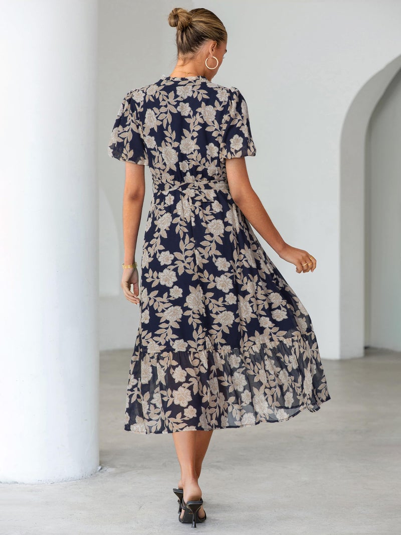 Simplee Womens Summer Boho Floral Midi Dress - Casual Beach Wedding Guest Chiffon A Line Belted Long Flowy Holiday Dresses 2026,Navy L - Image 5