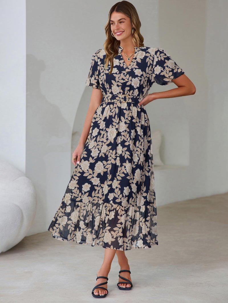 Simplee Womens Summer Boho Floral Midi Dress - Casual Beach Wedding Guest Chiffon A Line Belted Long Flowy Holiday Dresses 2026,Navy L - Image 4