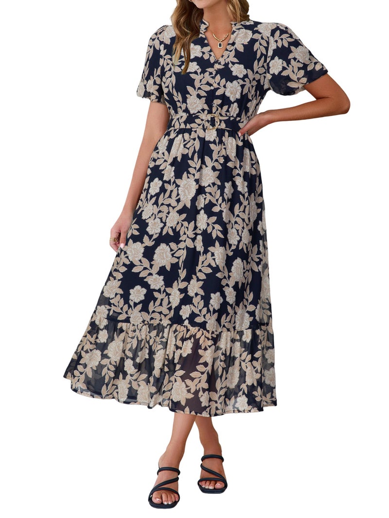Simplee Womens Summer Boho Floral Midi Dress - Casual Beach Wedding Guest Chiffon A Line Belted Long Flowy Holiday Dresses 2026,Navy L - Image 1