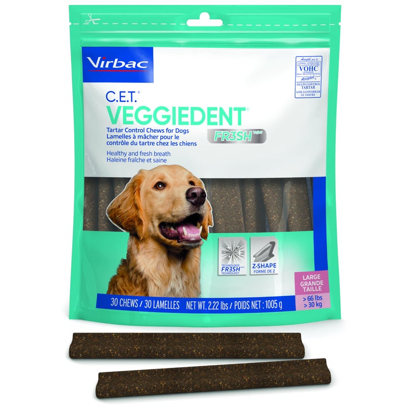 Virbac CET Veggiedent FR3SH Tartar Control Chews for Large Dogs Over 66 Pounds, Plant-Based Formula, 30 Count Bag - Image 1