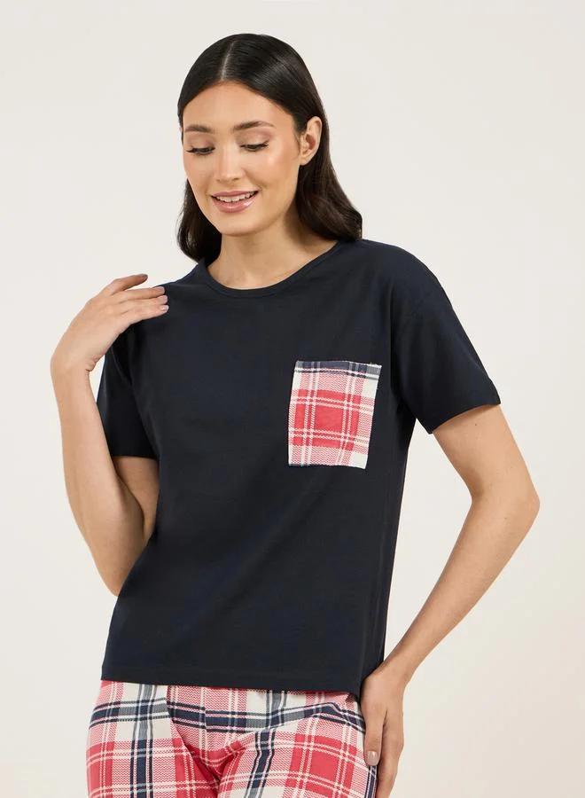 Styli Checked Print Pocket Dropped Shoulder T-Shirt & Pyjama Set
