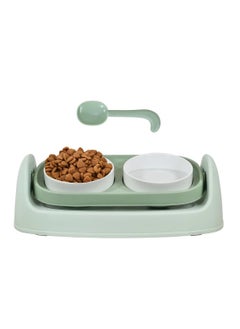 NNC PETS Ceramic cat bowl set for cats & small dogs, Ergonomic plastic cat feeder stand with Dual ceramic bowls, Spoon, Adjustable function, and Non-slip bottom, Easy to clean 40 cm (Green)  - Image 1