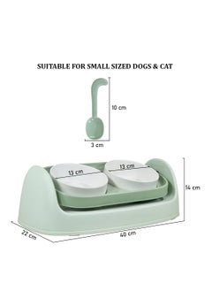 NNC PETS Ceramic cat bowl set for cats & small dogs, Ergonomic plastic cat feeder stand with Dual ceramic bowls, Spoon, Adjustable function, and Non-slip bottom, Easy to clean 40 cm (Green)  - Image 2