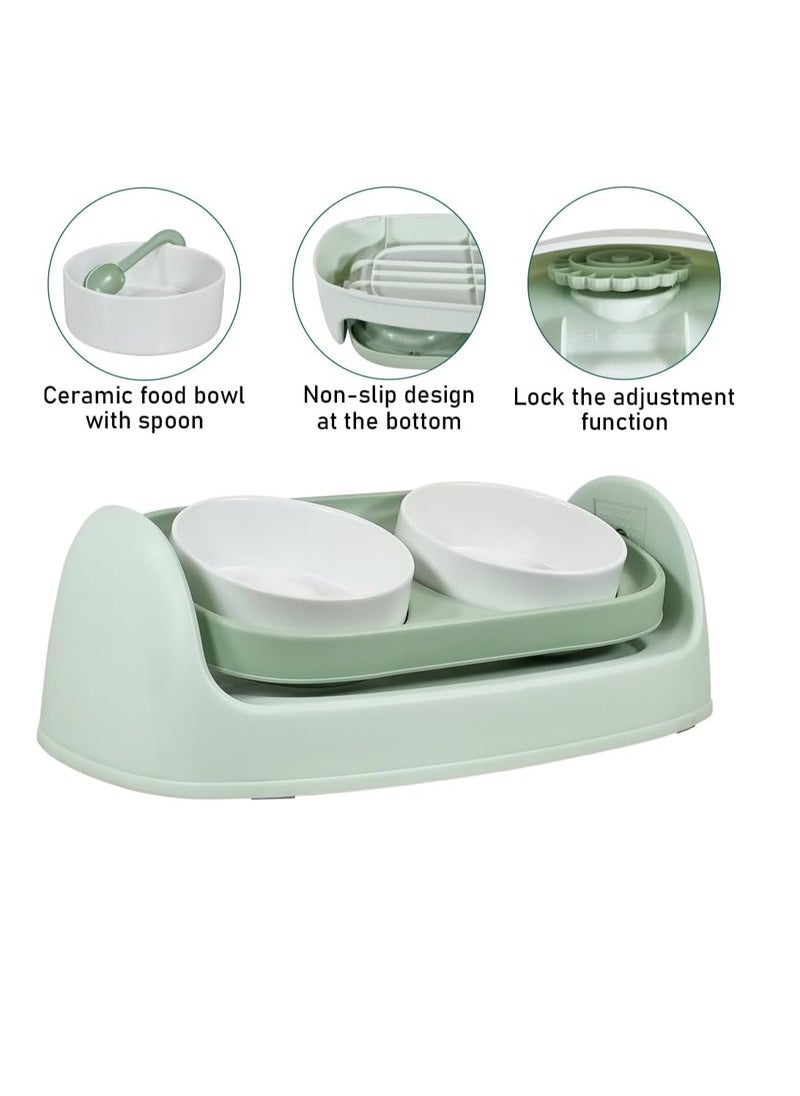 NNC PETS - Ceramic cat bowl set for cats & small dogs, Ergonomic plastic cat feeder stand with Dual ceramic bowls, Spoon, Adjustable function, and Non-slip bottom, Easy to clean 40 cm (Green) - Image 1