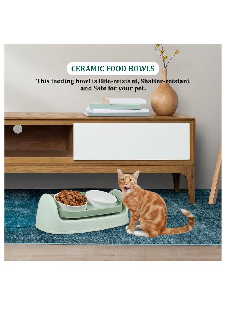NNC PETS - Ceramic cat bowl set for cats & small dogs, Ergonomic plastic cat feeder stand with Dual ceramic bowls, Spoon, Adjustable function, and Non-slip bottom, Easy to clean 40 cm (Green) - Image 1